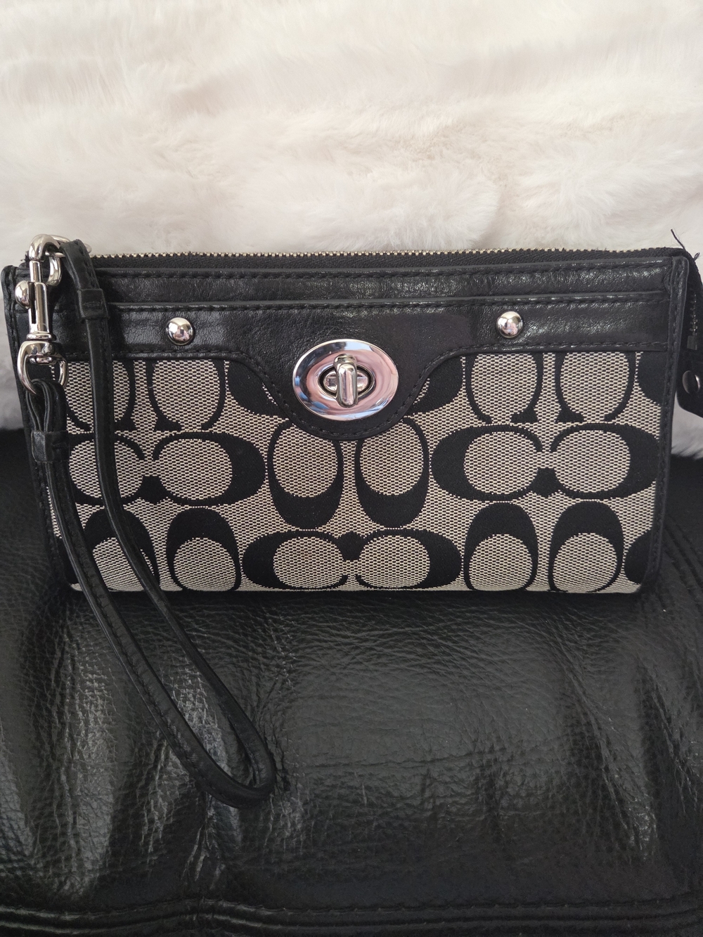 Coach Black and Khaki Signature Canvas Wristlet